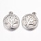 Non-Tarnish 304 Stainless Steel Charms, Flat Round with Tree of Life, Stainless Steel Color, 15.5x13x3mm, Hole: 1mm