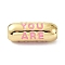 Eco-Friendly Brass Enamel Beads, Long-Lasting Plated, Real 18K Gold Plated, Oval with Word You Are, Pink, 17.5x7mm, Hole: 3mm