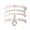4Pcs 4 Style Natural Rose Quartz Beaded Stretch Bracelets Set, Mushroom & Heart Alloy Charms Stackable Bracelets, Inner Diameter: 2 inch(5.2cm), 1Pc/style