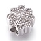 304 Stainless Steel European Beads, Large Hole Beads, with Rhinestone, Clover, Stainless Steel Color, 12.5x13x7mm, Hole: 4mm