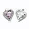 Glass Rhinestone Pendants, with Platinum Tone Brass Findings, Heart, Light Rose, 21x16.5x6mm, Hole: 2mm