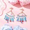 Triangle Glass Chandelier Earrings, with Cylinder Seed Beads & Stainless Steel Stud Earring Findings, Golden, Blue, 77.5x41mm