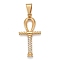 304 Stainless Steel Big Pendants, with Crystal Rhinestone, Ankh Cross, Golden, 50x25x4mm, Hole: 6.5x12mm