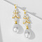 Teardrop with Leaf Brass Clear Cubic Zirconia Dangle Stud Earrings, with Plastic Imitation Pearl, Golden, 41mm