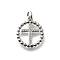 Brass Micro Pave Cubic Zirconia Pendants, Flat Round with Cross, Rack Plating, Cadmium Free & Lead Free, Long-Lasting Plated, with Jump Ring, Platinum, 16x14x2mm, Hole: 3mm