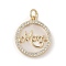 Mother's Day Brass Micro Pave Cubic Zirconia Pendants, with Natural White Shell and Jump Ring, Flat Round with Word Mom, Real 18K Gold Plated, 18x16x3mm, Hole: 3.2mm