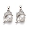 Brass Micro Pave Clear Cubic Zirconia Pendants, with White Acrylic Beads and Snap on Bails, Dolphin Shape, Platinum, 19.5x12x7mm, Hole: 5x3mm