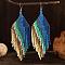 Bohemian Style Blue Ombre Tassel Dangle Earrings, with Glass Beads, Platinum, Platinum, 110x31mm