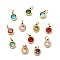 PVD Vacuum Plating 304 Stainless Steel Pendants, with Cubic Zirconia and Jump Rings, Single Stone Charms, Flat Round, Golden, Mixed Color, 9.5x7.5x3mm, Hole: 3.6mm