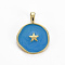 Brass Enamel Pendants, Cadmium Free & Nickel Free & Lead Free, Real 16K Gold Plated, Flat Round with Star, Steel Blue, 20.5x15.5x4.5mm, Hole: 2.5x3mm