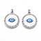 Brass Micro Pave Cubic Zirconia Pendants, Cadmium Free & Nickel Free & Lead Free, Flat Round with Evil Eye, with Shell & Enamel & ABS Imitation Pearl, Platinum, 25x22x4mm, Hole: 5x2mm
