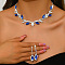 Leaf Brass Rhinestone Stud Dangle Earrings & Pendant Necklaces Set for Women, Sapphire, 327mm
