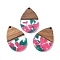 Resin and Walnut Pendants, Teardrop, Deep Pink, 36.5x24.5x2.5mm, Hole: 2mm