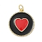 Brass Enamel Pendants, with Jump Ring, Flat Round with Heart Charm, Real 18K Gold Plated, Black, 21x18x1.5mm, Hole: 3.5mm