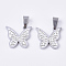 201 Stainless Steel Pendants, with Random Size Snap On Bails and Polymer Clay Crystal Rhinestones, Butterfly, Stainless Steel Color, 28x20x3mm, Hole: 8~10x3~5mm