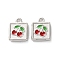 Rack Plating Alloy Enamel Pendants, Square with Cherry Charm, Platinum, 14x11x2.5mm, Hole: 1.5mm