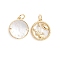 Brass Micro Pave Cubic Zirconia Pendants, with Natural Shell and Jump Ring, Flat Round with Twelve Constellations, Golden, Cancer, 17.5x15x2.5mm, Hole: 3.5mm