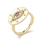Brass Pave Cubic Zirconia Adjustable Rings, Cadmium Free & Nickel Free & Lead Free, Flat Round with Eye, Real 18K Gold Plated, Inner Diameter: 18mm