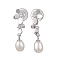 Natural Pearl Ear Studs, with Sterling Silver Micro Pave Clear Cubic Zirconia Findings, Oval & Flower, Platinum, 28x7mm