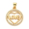 Rack Plating Brass Micro Pave Cubic Zirconia Pendants, Long-Lasting Plated, Cadmium Free & Lead Free, Real 18K Gold Plated, Word, 20.5x18x1.5mm, Hole: 5x3.5mm