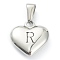 304 Stainless Steel Pendants, Heart with Black Letter, Stainless Steel Color, Letter.R, 16x16x4.5mm, Hole: 7x3mm