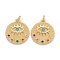 Brass Micro Pave Colorful Cubic Zirconia Pendants, Cadmium Free & Nickel Free & Lead Free, Flat Round with Eyes, Real 18K Gold Plated, 20x18x2mm, Jump Ring: 5x1mm, Inner Diameter: 3.5mm.