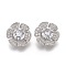 Brass Micro Pave Clear Cubic Zirconia Shank Buttons, Flower, Platinum, 13x12x6.5mm, Hole: 1.5mm