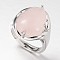 Teardrop Platinum Tone Brass Gemstone Adjustable Wide Band Rings, Rose Quartz, 18mm, Tray: 20x17mm
