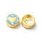 Rack Plating Brass Enamel Beads, with Shell Chips, Long-lasting Plated, Cadmium Free & Lead Free, Flat Round with Heart, Golden, Aqua, 11x4.5mm, Hole: 1.8mm
