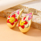 Elegant Teardrop with Flower Pattern Alloy Stud Earrings, Red, 33x18mm