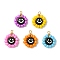 Acrylic Glass Seed Beaded Pendants, with Golden Brass Findings, Flat Round with Smiling Face, Black, 23x18x5mm, Hole: 3mm