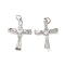Brass & Glass & Cubic Zirconia Pendants, Cadmium Free & Nickel Free & Lead Free, Cross Charm, Real Platinum Plated, 26x19x3mm, Hole: 3mm