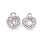 Brass Pendants with Clear Glass, Heart Charms, Platinum, 7x5.5x2mm, Hole: 0.8mm