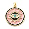Real 18K Gold Plated Brass Clear Cubic Zirconia Pendants, with Enamel, Cadmium Free & Nickel Free & Lead Free, Flat Round with Evil Eye, Pink, 25x22.5x2.5mm, Hole: 5x3.5mm
