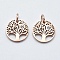 316 Surgical Stainless Steel Pendants, with Cubic Zirconia, Flat Round with Tree, Clear, Real Rose Gold Plated, 12x1.5mm, Hole: 3mm