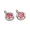 Trendy Original Color 304 Stainless Steel Faceted Grade A Rhinestone Flat Round Charms Pendants, April Birthstone Charms, Stainless Steel Color, Rose, 9x6.5x4mm, Hole: 2mm