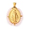 Ion Plating(IP) 304 Stainless Steel Faceted Rondelle Grass Wrapped Oval Pendants, Virgin Mary Charms, Real 18K Gold Plated, Pink, 29x23x4mm, Hole: 5x3mm