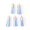 Faux Suede Tassel Pendant Decorations, with CCB Plastic Cord Ends, Platinum, Light Sky Blue, 33~35x10mm, Hole: 2.5mm
