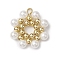 Shell Pearl Woven Pendants, Snowflake Charms with Golden Tone Brass Beads, White, 20x18x4mm, Hole: 2.5mm