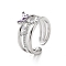 Violet Cubic Zirconia Butterfly Open Cuff Ring, Rack Plating Brass Triple Line Wide Ring for Women, Cadmium Free & Lead Free, Platinum, US Size 8 1/2(18.5mm)