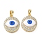 Brass Micro Pave Cubic Zirconia Pendants, with Enamel, Flat Round with Evil Eye, Real 18K Gold Plated, 17x15x6.5mm, Hole: 2.5x5mm