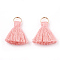 Polycotton(Polyester Cotton) Tassel Pendant Decorations, with Iron Findings, Light Gold, Pink, 20~30x7~8mm, Hole: 5mm