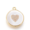 Golden Plated Brass Micro Pave Cubic Zirconia Pendants, with Enamel, Long-Lasting Plated, Flat Round with Heart, White, 23x20x3mm, Hole: 1.8mm