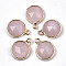 Natural Rose Quartz Charms, with Light Gold Plated Brass Edge and Loop, Half Round/Dome, Faceted, 14x11x5mm, Hole: 1.5mm