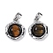 Natural Tiger Eye Flat Round Charms, with Brass Settings, Platinum, 15x13x5mm, Hole: 4x2.5mm