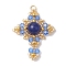 Natural Malaysia Jade(Dyed) & Glass & Brass Beaded Pendants, Cross Charms, Golden, Royal Blue, 33x26x8mm, Hole: 2.8mm