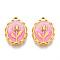 304 Stainless Steel Enamel Pendants, Real 18K Gold Plated, Oval with Flower Charm, Ion Plating(IP), Hot Pink, 21.5x15.5x3mm, Hole: 1.5mm