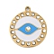 304 Stainless Steel Enamel Pendants, with Rhinestone, Flat Round with Eye Charm, Real 18K Gold Plated, Ion Plating(IP), White, 20.5x18x2mm, Hole: 1.6mm