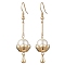 304 Stainless Steel Lotus Dangle Earrings, Shell Pearl Long Drop Earrings, Golden, 53x12mm