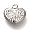 304 Stainless Steel Charms, with Polymer Clay Crystal Rhinestone, Stainless Steel Color, Heart, 10x11x4.5mm, Hole: 1.4mm